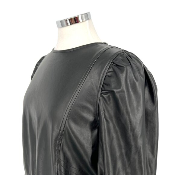 Zara Womens Black Faux Leather Long Puff Sleeve Drawstring Top Size Large - Picture 4 of 10